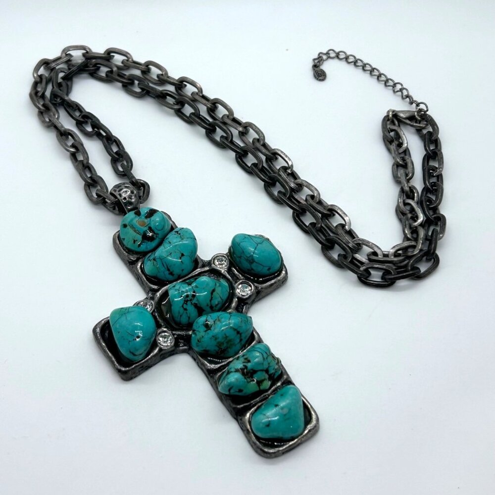 Turquoise Color Stone Cross Pendant Silver Tone Necklace Southwestern Boho - Picture 2 of 16